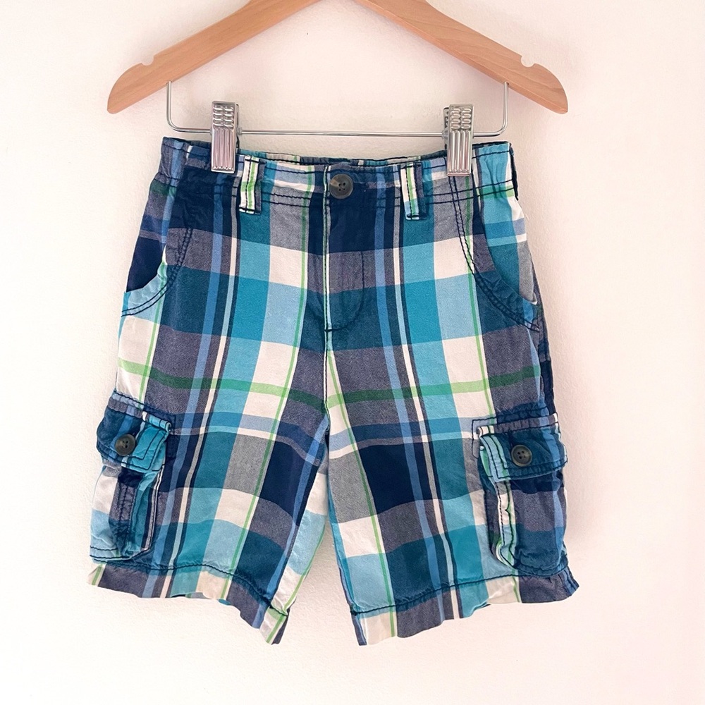 3/$20💥NEW Arizona Jeans Boys Plaid Cargo Shorts / Bermuda Shorts, Teal & White